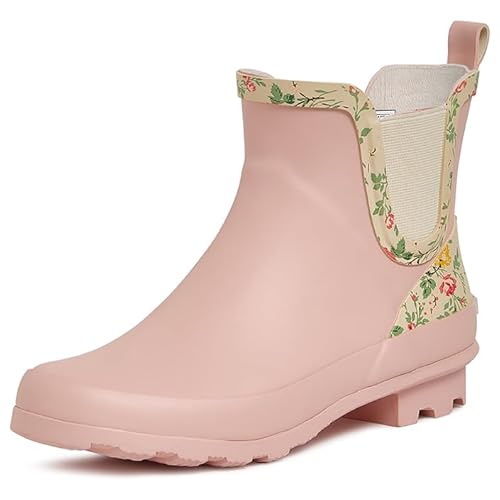 Laura Ashley Women's Rain Boots, Mid Cut Rubber Rain Boots for Women - Waterproof Ankle Boots for Ladies, Pink Petals