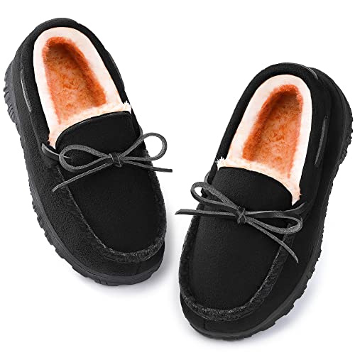 NCCB Girls Slippers Size 5 Memory Foam Winter Warm Nonslip Casual Moc Slippers for Big Kids Indoor Outdoor Black