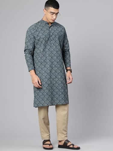 Image of Majestic Man Men's Regular Fit Ethnic Motifs Printed Pure Cotton Long Kurta with Mandarin Collar & Full Sleeves