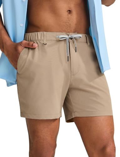 Maamgic Men's 5 Inseam Casual Classic Fit Shorts with Multi-Pocket, Hybrid Quick Dry Dark Khaki Large