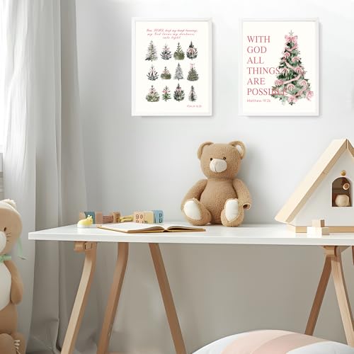 Image of LARTSFRO Coquette Pink Bow Christmas Tree Gifts Wall Art Decor Posters, Pink Bow Christmas Christian Room Bathroom Bedroom Dorm Wall Art Decor Aesthetic for College Teen Girls Gifts, Inspirational Bible Verses Bow Wall Decor, 10x8 Inch Set of 4 Pcs Christmas Pictures (UNFRAMED)