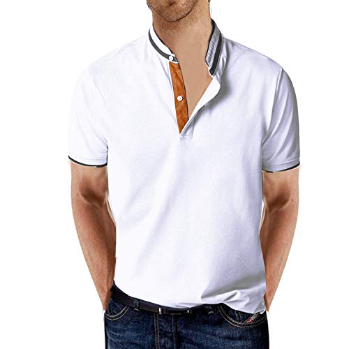 STTLZTM Heren Polo Korte Mouw Ketting Henley Shirt Golf Shirt Solid Color,Wit,M