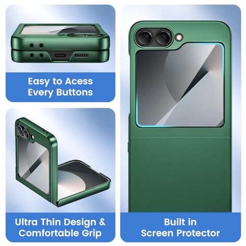 Image of Ruky for Z Flip 6 Slim Case, with Built-in Screen Protector, Dark Green | Support Wireless Charging Hard PC Ultra-Thin Full Body Protective Phone Cover for Samsung Galaxy Z Flip 6, Dark Green