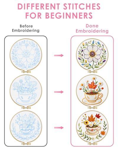 Image of TINDTOP Embroidery Kit for Adult, 3 Pack Embroidery DIY Starter Kit, with Stamped Patterns, Hoop, Tools, Colorful Threads with Needles, Instructions (Flower Cup) | with Stamped Patterns, Hoop, Tools, Colorful Threads with Needles, Instructions (Flower Cup)