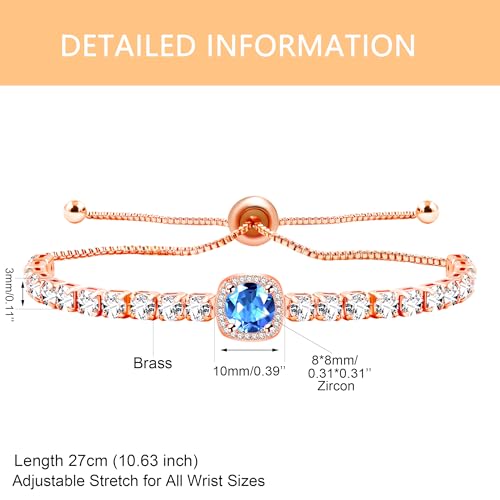 Image of Rose Plated Gold Brass Box Chain Cubic Zirconia Classic Tennis Slider Adjustable Bracelet, Round Big Zircon Charm Give Woman Mom Mother's Day Fashion Crystal Gift
