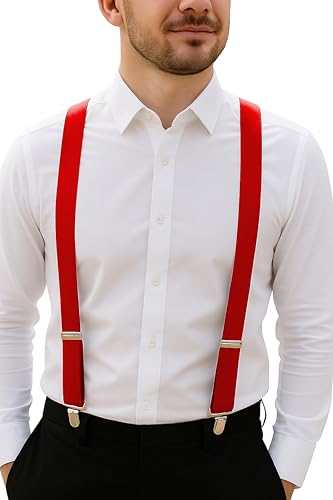 trilece Red Suspenders for Men - Adjustable Size Elastic 1 inch Wide Y Shape Suspender for Women Heavy Duty Clips Christmas Suit - Halloween Costume Accessories (Red 1)