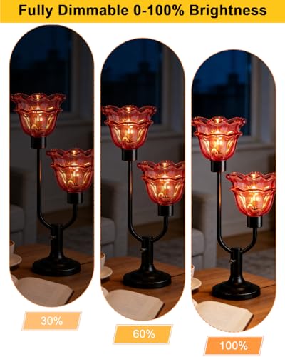 Image of Lightdot Mid Century Modern Table Lamp Red Flower Glass Lamp Gift Dimmable | Nightstand Lamp Vintage Black Desk Lamp 2 Bulbs Included Warmwhite Ambient Bedside Lamps for Living Room Bedroom Home Decor