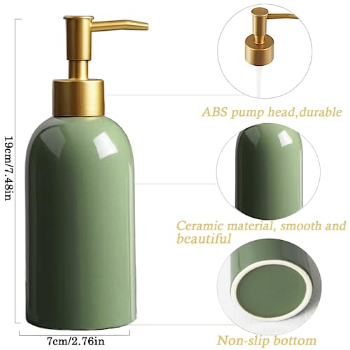 Feesok Ceramic Soap Dispenser Green With Gold Pump,Simple Design Cylindrical Lotion Dispenser Bottle,Refillable Liquid Hand Soap Dispenser For Kitchen,Bathroom,Washroom thumb #5