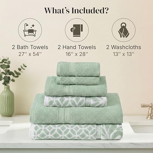 Image of Modern Threads 6 Piece Bath Towel Set - Bathroom Set with 2 Bath Towels, 2 Hand Towels, and 2 Wash Cloths - 100% Cotton, Super Absorbent & Extra Soft - Reversible Botanical Vine (Sage Green)