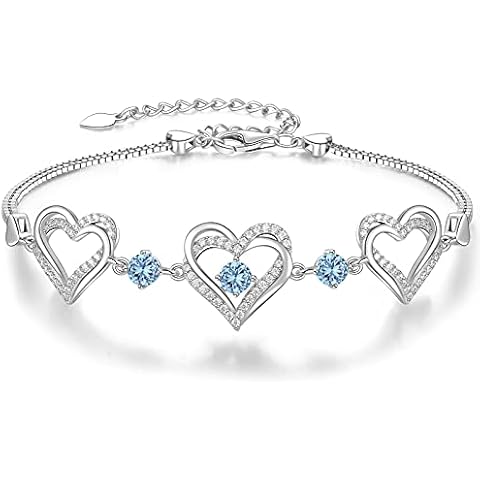 CDE Forever Love Heart March Birthstone Bracelets Jewellery for Women 925 Sterling Silver Charm Bracelet Adjustable Christmas Jewelry Gifts Wedding Anniversary Birthday Gifts for Her Girls Wife Cover