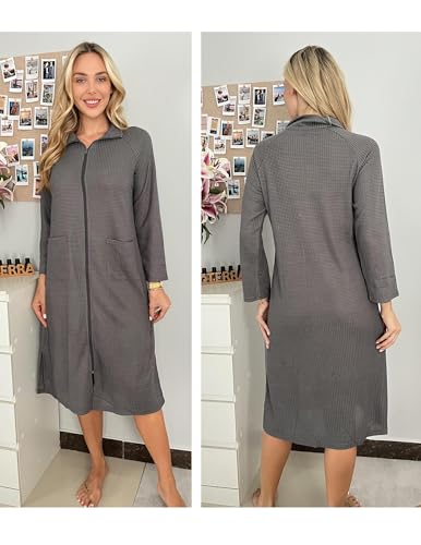 Ekouaer Waffle Robes for Women Long Zipper Bathrobes Lightweight House Coat Soft Sleepwear with Pockets Loungewear S-XXL4