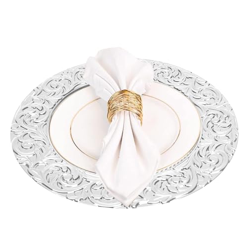 Dfmyhked 100 Pcs Charger Plates, 13” Plastic Round Beaded Plates Decorative Dinner Chargers with Embossed Rim for Weddings, Banquets, Commercial Use (Silver)