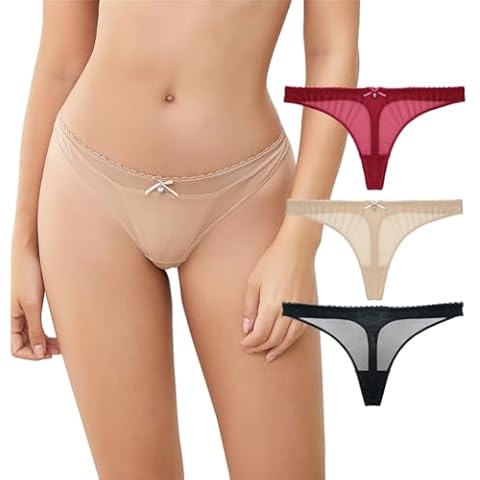 Varsbaby Women's Sexy Sheer Panties Thongs Mesh G-Strings Low Rise Brief Underwear, 3-Pack(N082TS-Black and Beige and Red-M Cover