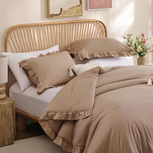 Image of JANZAA Taupe Comforter Set Oversized King - Soft Microfiber, Lightweight All Season Bedding, Ruffle Shabby Chic Aesthetic, Breathable Cozy Bed Set with 2 Pillow Shams, Machine Washable