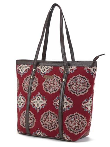 Image of NEPRI Printed Office Tote Bag | Laptop Bag 15.6 inch | Stylish Tote Bags for Office Use | Purse for Women | Vegan Leather & Handblock Printed Fabric Handbag | Daily & Travel Use