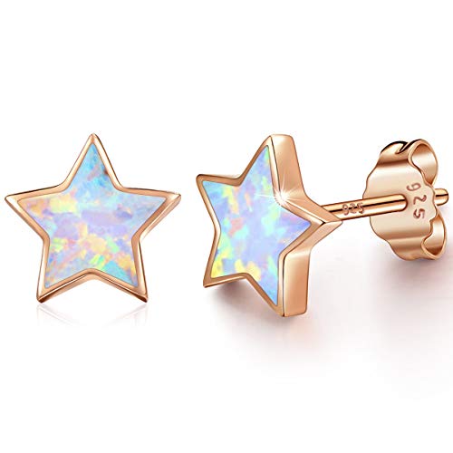 Rose Gold Star Earrings for Girls, Hypoallergenic Fire Opal Stud Earrings For Women ARSKRO S925 Sterling Sliver Little Small Tiny Cute Earring Jewelry Gifts for Sensitive Ears Toddlers Kids