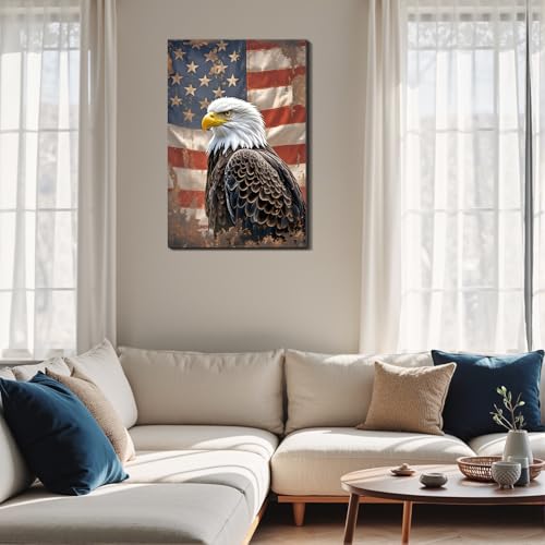 Image of Framed Vintage Bald Eagle American Flag Wall Art, Patriotic Rustic Canvas Art Pictures, USA Eagle Wall Decor, Made in USA Ready to Hang for Office Man Cave
