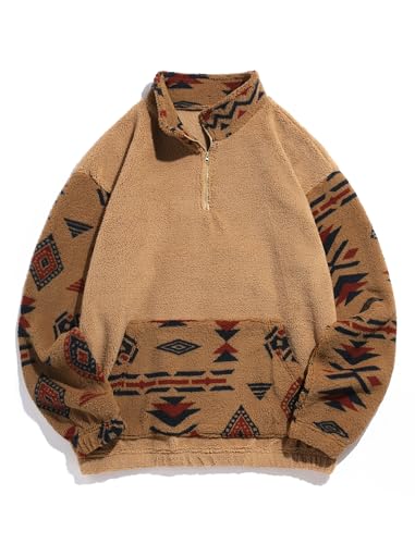 Image of ZAFUL Men 1 /4 Zipper Ethnic Aztec Fleece Unisex Winter Sweatshirt Tops 2026 | Funnel Neck Fluffy Polar Fleece Faux Sherpa Soft Thermal Pullover Kangaroo Pocket Jacket Hoodie Tops