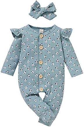 CBHAIBLYD Newborn Baby Girl Clothes Infant Girl Romper Ruffle Long Sleeve Floral Jumpsuit Fall Outfits with Headband (Green, 0-3 Months)