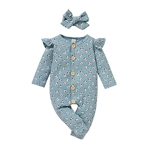 Newborn Baby Girl Clothes Infant Girl Romper Ruffle Long Sleeve Floral Jumpsuit Onesies Spring Outfits with Headband (Green, 0-3 Months)