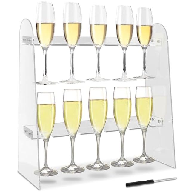 2 Tier Acrylic Champagne Glass Holder Stand - Wall Mount & Countertop Display Rack, Hold 10 Cups for Wedding Party