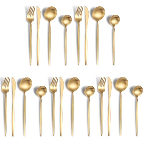Image of aDai Aurum Gold Silverware Set | Satin Finish 20-Piece Stainless Steel Flatware Set | Dishwasher Safe Cutlery for Home, Restaurant & Gifting