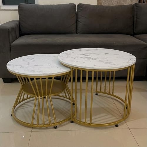 Image of Amazon Brand - Solimo Nature Haven Round Nesting Coffee Table Set of 2 | Marble Veneer Top with Metal Frame | Golden White | L 51.5 x W 51.5 x H 41.5 cm and L 46 x W 46 x H 36 cm