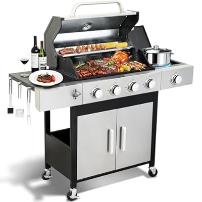 Nice Cooker 4 Burner Propane Gas BBQ Grill with Side Burner - 46890 BTU Output Stainless Steel Grill with Enameled Cast Iron Cooking Grid Side Table for Outdoor Backyard Patio Barbecue