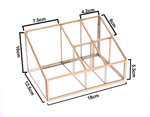 Image of Glass Makeup Organizer with Gold Metal Frame - Cosmetic Storage Holder for Lipstick, Perfume & Makeup Brushes - Vanity Organizer for Dressing Table - Multi-Compartment Beauty Storage