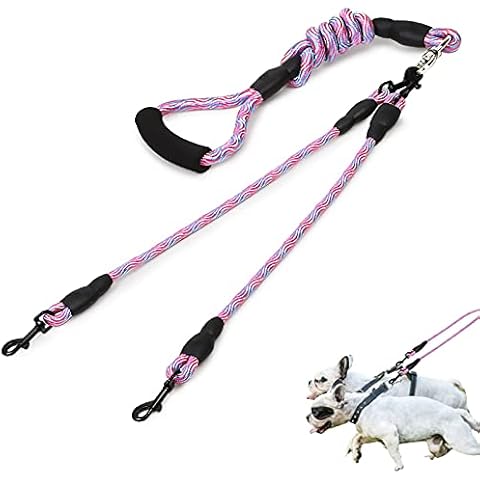 Lvjkes Double Dog Leash, Dual Rope Dog Lead, Double Dog Lead Detachable Anti-Entanglement Comfortable Grip Walking Training for Two Medium or Large Dogs (Pink) Cover