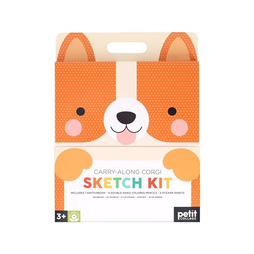 Petit Collage: Carry-Along Corgi Sketch Kit | Includes 100 Sketch Pages and Over 70 Colorful Stickers | Packed in a Carrying Case for Art On-The-Go | Great for Ages 3+