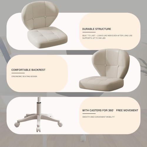 Image of Small Office Chair with Lumbar Support, PU Leather Armless Swivel Desk Chair Adjustable Height, Compact Rolling Chair for Home Office, Bedroom, Study (White Set of 2)