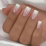 24Pcs French Tip Press on Nails Short Square Pink Fake Nails with Glitter Designs Glue on Nails French Gradient False Nail Tips Full Cover Acrylic Nails Stick on Nails for Women