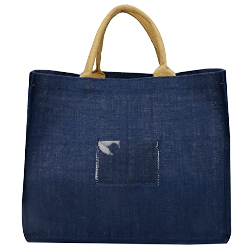 Image of DOUBLE R BAGS Reusable Jute Gift Bag with Cotton Handle for Shopping, Wedding, Return Gifts & Birthday Party, Blue, Pack of 1