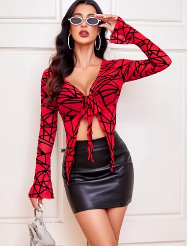 Image of Avidlove Women Mesh Crop Top Y2K Tie Front Tops Rave Top Sheer Cardigan Sexy V Neck Outfits S-2XL