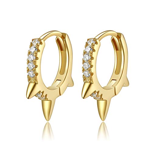 Pendientes de aro Spike Huggie, pequeños pendientes de plata de ley 925 chapados en oro de 14K Pendientes minimalistas delicados (Oro)