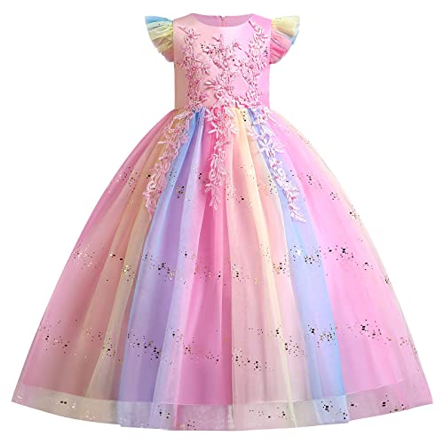 IWEMEK Sequins Flower Girl Embroidery Dress Fly Sleeve Beaded Princess Pageant Gown Bridesmaid Birthday Party Tulle Dresses