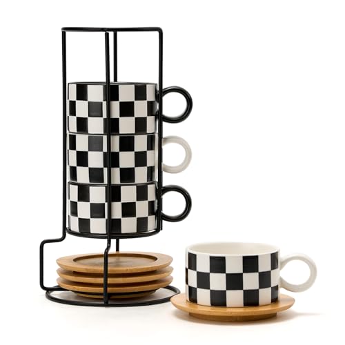 LUKA 6 Ounce Ceramic Stackable Black and White Checkered Espresso Cups with Saucers and Metal Stand Set of 4, Cappuccino Cups Set for Coffee Drinks, Latte, Cafe Mocha and Tea