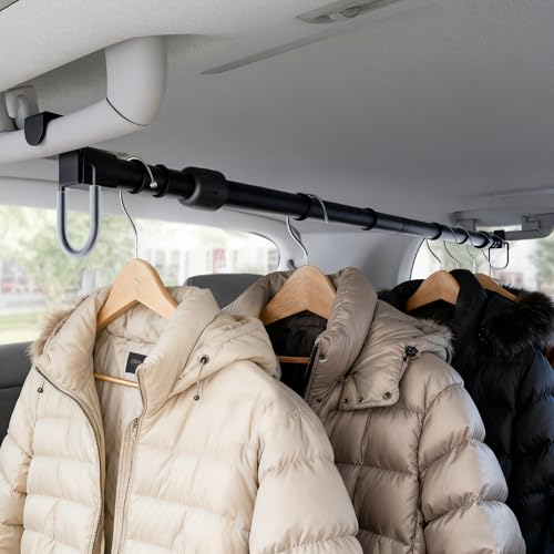 Adjustable Car Clothes Hanger Bar 35-60 Inches – Heavy Duty Travel Garment Organizer, Anti-Wrinkle, Non-Slip Rubber Bands, Fits Cars, SUVs, Vans and Trucks