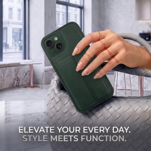 Image of amazon basics Luxury Vegan Leather Back Cover for iPhone 13 | Built-in Card Holder Slot | Integrated Mobile Stand | Slim Shockproof Protective Case with Stitched Finish - Green
