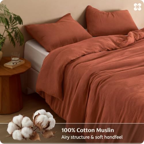 Image of Bedsure 100% Muslin Cotton Duvet Cover King Size - Ultra-Soft Gauze Duvet Cover, PureWoven Breathable & Lightweight Bedding Set with Button Closure and Corner Ties (Terracotta, King, 104 inchx90 inch)