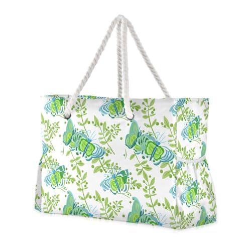 Butterfly Twigs White Beach Tote Bag for Women Waterproof Large Swim Pool Beach Bags with Zipper Travel Tote Bags Carry On Bag for Gym Vacation Essentials Nurse Grocery Yoga