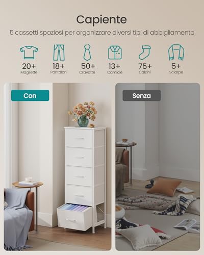 SONGMICS BELLAH Collezione - Cassettiera Camera da Letto, Mobile con Cassetti, Cabina Armadio Ingresso Soggiorno, Acciaio, 5 Cassetti, Moderno, Bianco Nuvola e Bianco Neve LGS315WH01 - Immagine 3