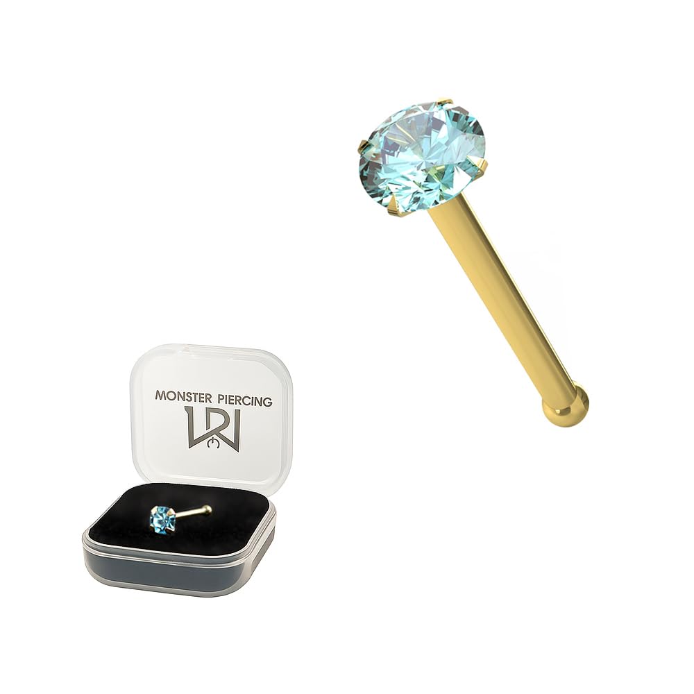 Monster Piercing - 14K Gold Echtgold | Nasenpiercing Nasenstecker Stud | Türkis Kristallstein | Stabstärke: 22G (0,6 mm) | Stablänge: 6mm | Steingröße: 1,5mm bis 2,5mm | Hypoallergen