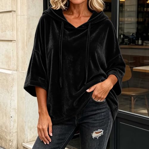 YMADREIG Womens Oversized Velvet Hoodies 3/4 Sleeve Velour Sweatshirt - image 3
