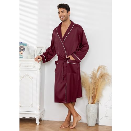 Image of Vulcanodon Men's Satin Robe Lightweight,Men's Luxurious Silk Kimono Bathrobe