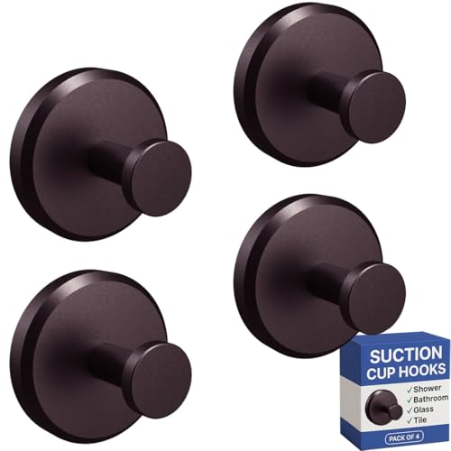 HOME SO Suction Cup Hooks for Shower, Bathroom, Kitchen, Glass Door, Mirror, Tile – Loofah, Towel, Coat, Bath Robe Hook Holder for Hanging up to 15 lbs – Waterproof & Rustproof, Dark Bronze (4-Pack)