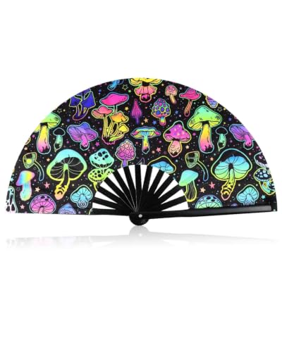 LEEQBCR Abanico Plegable Grande de Mano con Diseño de Champiñón, Abanico de Fiesta Festival UV Brillante, Grande XXL para Rave,Discotecas, Carnavales y Bodas, Material Plástico y Colorido
