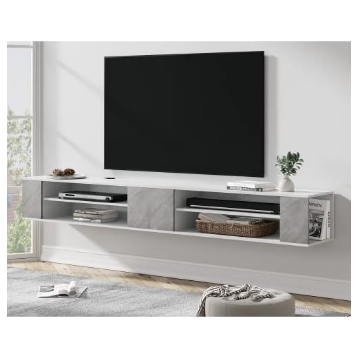 WAMPAT 79 inch Floating TV Stand for 65+ inch TVs, Wall Mounted Shelf Entertainment Center, TV Cabinet Media Console Wood Storage Hutch Under TV for Living Room,Grey&White