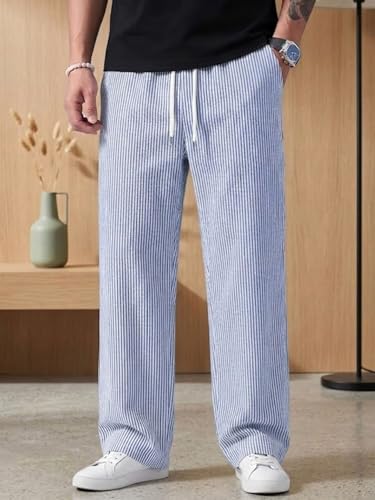 Image of Men's Casual Striped Trouser | Relaxed Fit Drawstring Pants for Men | Elastic Waist Straight Fit Lounge Trousers | Lightweight Summer Cotton Bottoms | Comfortable Daily, Beach, Travel Pants